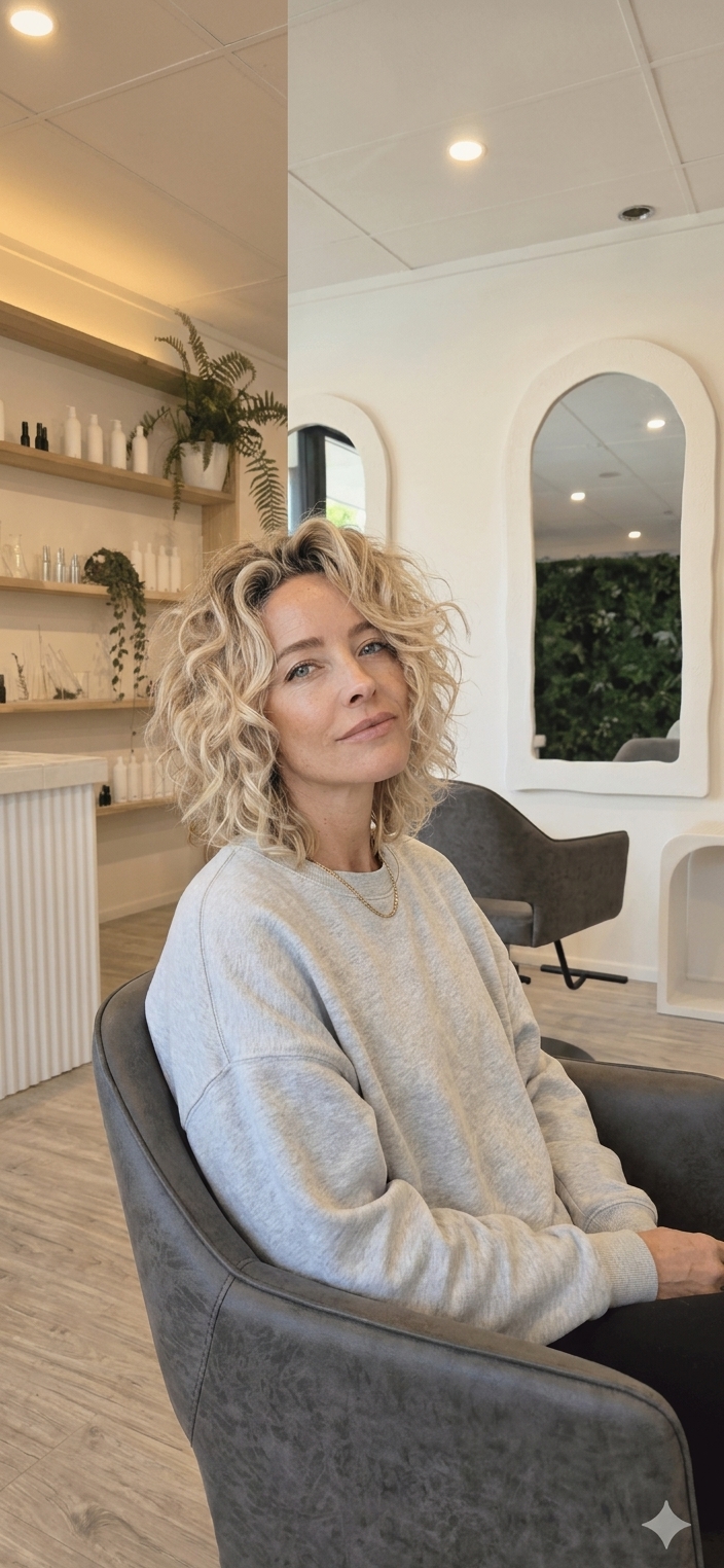Blonde curly bob, softly defined
